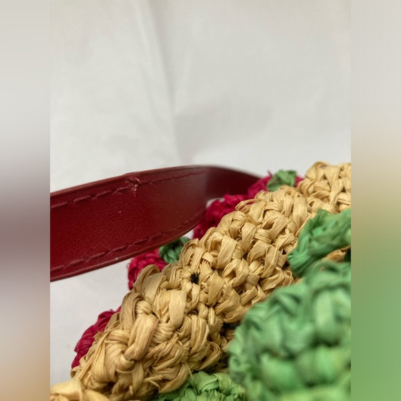 VTG Lulu Guinness Wheat Straw Fruit Bowl crocheted purse red leather strap - Picture 13 of 16